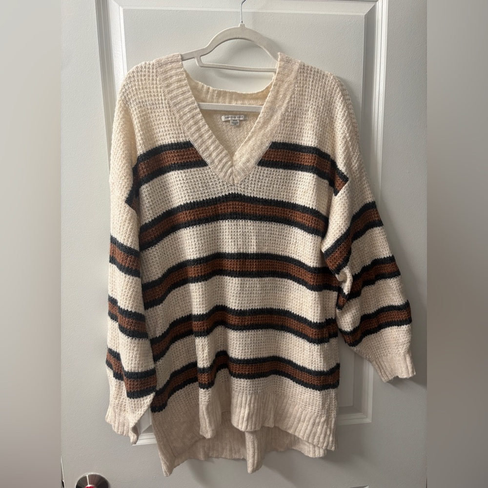 American Eagle Outfitters V-Neck Sweater - Cream and Brown Stripes